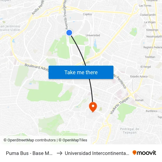 Puma Bus - Base Metrobús Cu to Universidad Intercontinental Campus Sur map
