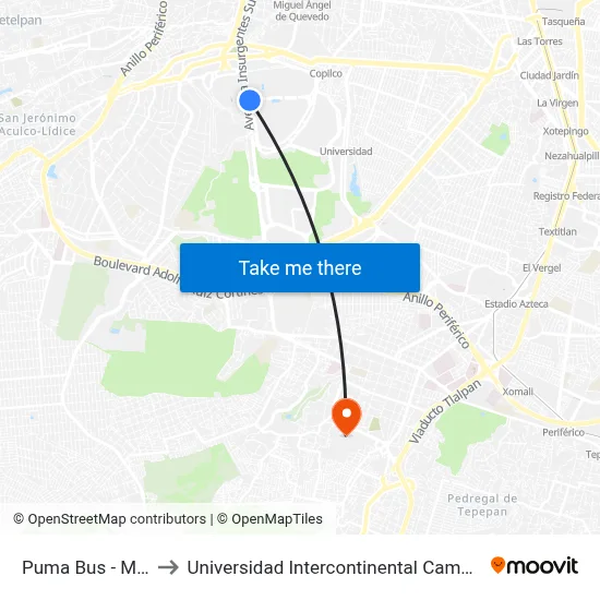 Puma Bus - Muca to Universidad Intercontinental Campus Sur map