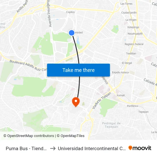 Puma Bus - Tienda Unam to Universidad Intercontinental Campus Sur map