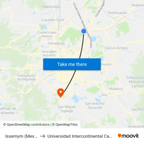 Issemym (Mexibús) to Universidad Intercontinental Campus Sur map