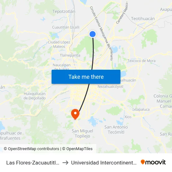 Las Flores-Zacuautitla (Mexibús) to Universidad Intercontinental Campus Sur map