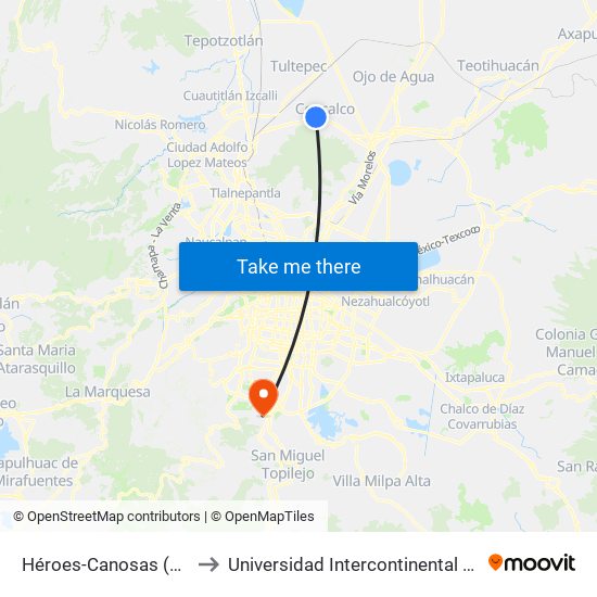 Héroes-Canosas (Mexibús) to Universidad Intercontinental Campus Sur map