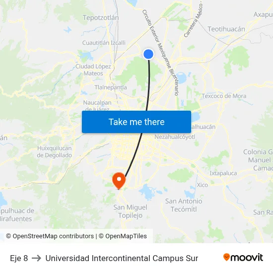 Eje 8 to Universidad Intercontinental Campus Sur map