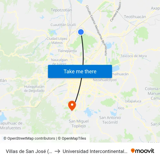 Villas de San José (Mexibús) to Universidad Intercontinental Campus Sur map