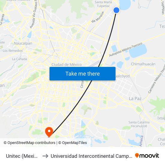 Unitec (Mexibus) to Universidad Intercontinental Campus Sur map