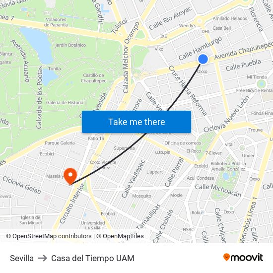 Sevilla to Casa del Tiempo UAM map