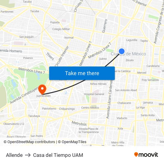 Allende to Casa del Tiempo UAM map