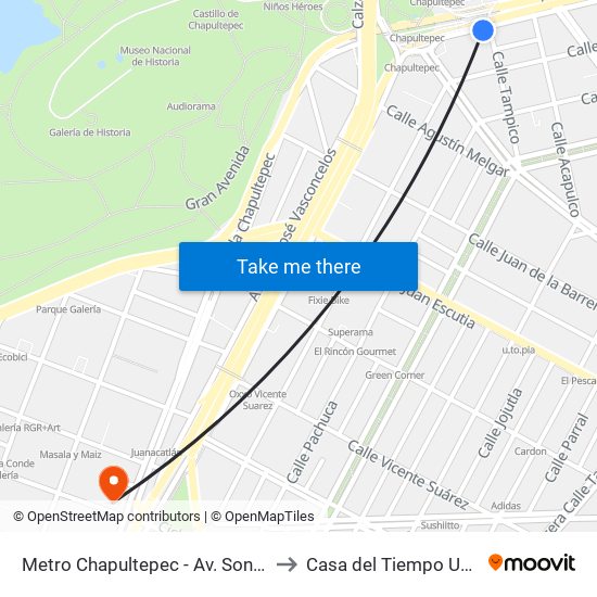 Metro Chapultepec - Av. Sonora to Casa del Tiempo UAM map