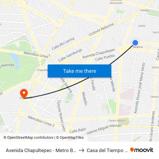 Avenida Chapultepec - Metro Balderas to Casa del Tiempo UAM map
