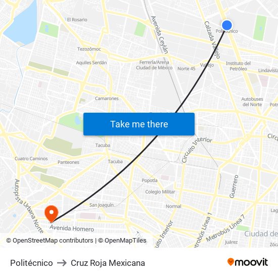 Politécnico to Cruz Roja Mexicana map