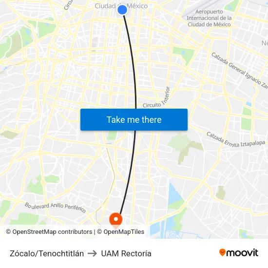 Zócalo/Tenochtitlán to UAM Rectoría map