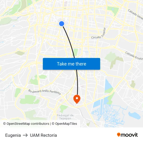 Eugenia to UAM Rectoría map