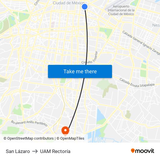 San Lázaro to UAM Rectoría map