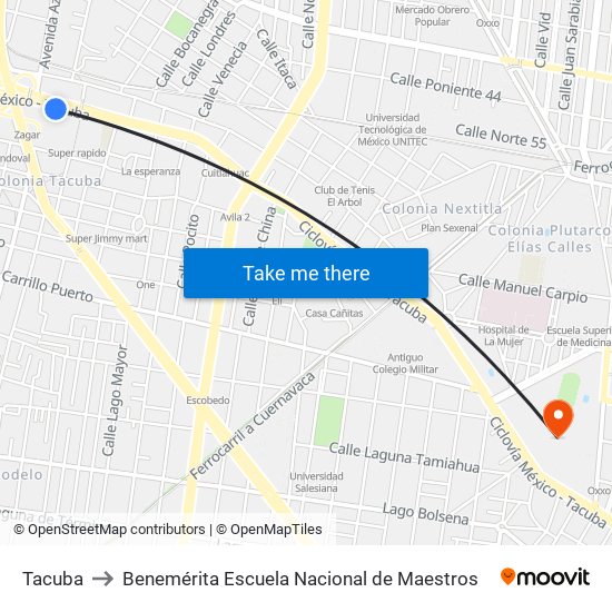 Tacuba to Benemérita Escuela Nacional de Maestros map