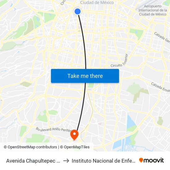 Avenida Chapultepec - Metro Cuauhtémoc to Instituto Nacional de Enfermedades Respiratorias map