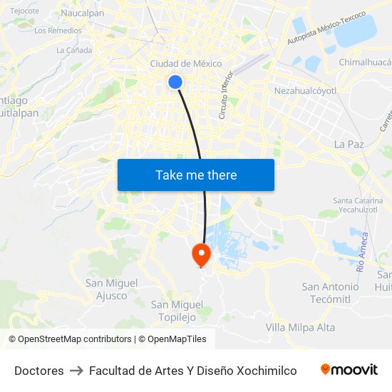 Doctores to Facultad de Artes Y Diseño Xochimilco map