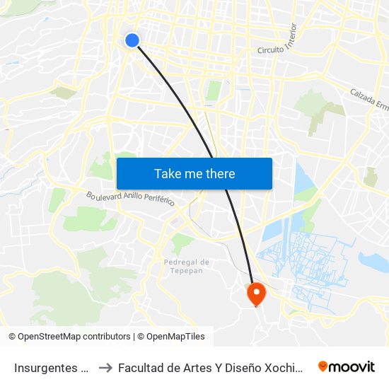 Insurgentes Sur to Facultad de Artes Y Diseño Xochimilco map