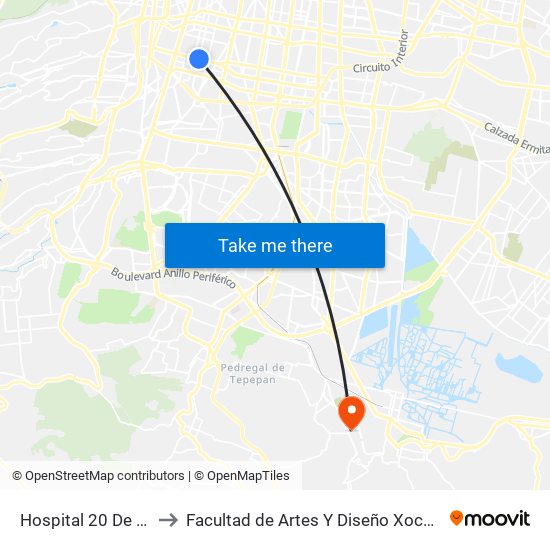 Hospital 20 De Nov. to Facultad de Artes Y Diseño Xochimilco map