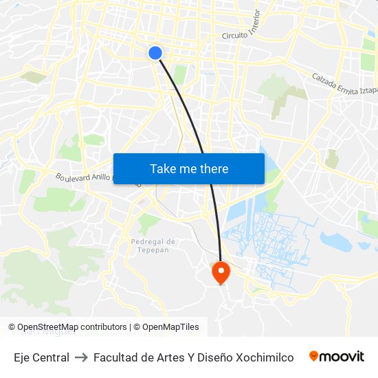 Eje Central to Facultad de Artes Y Diseño Xochimilco map