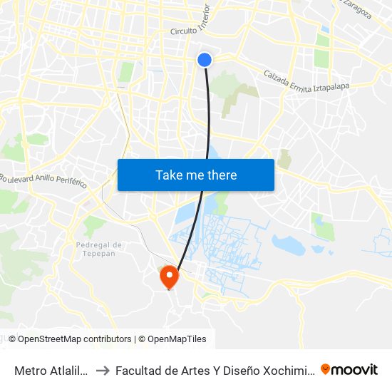 Metro Atlalilco to Facultad de Artes Y Diseño Xochimilco map