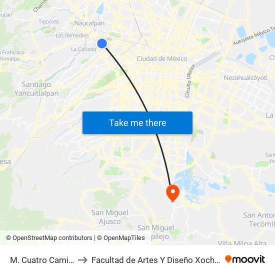 M. Cuatro Caminos to Facultad de Artes Y Diseño Xochimilco map