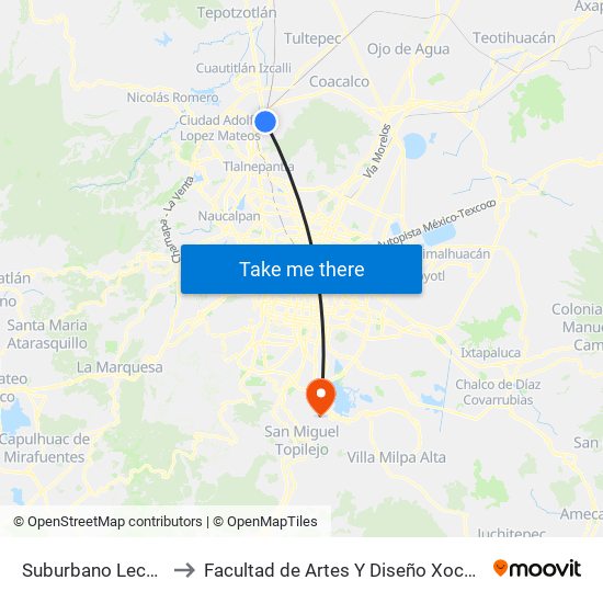 Suburbano Lechería to Facultad de Artes Y Diseño Xochimilco map