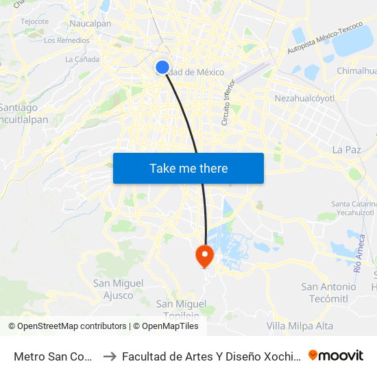 Metro  San Cosme to Facultad de Artes Y Diseño Xochimilco map