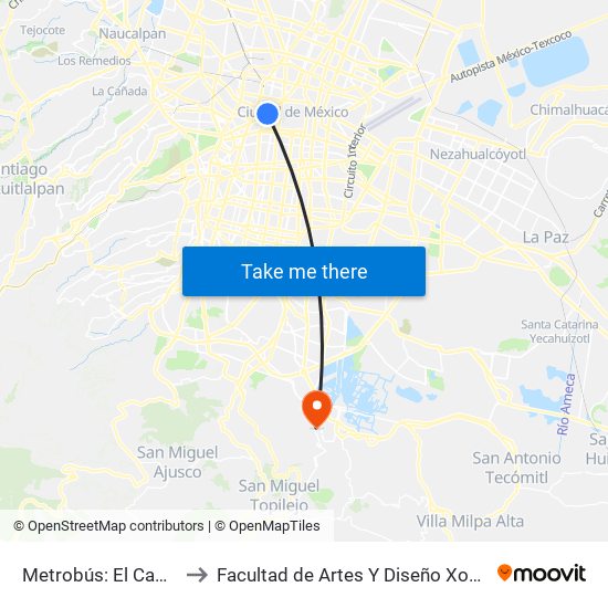 Metrobús: El Caballito to Facultad de Artes Y Diseño Xochimilco map