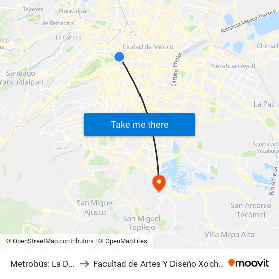 Metrobús: La Diana to Facultad de Artes Y Diseño Xochimilco map