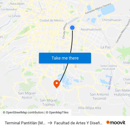 Terminal Pantitlán (Mexibus L3) to Facultad de Artes Y Diseño Xochimilco map