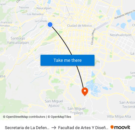 Secretaria de La Defensa Nacional to Facultad de Artes Y Diseño Xochimilco map