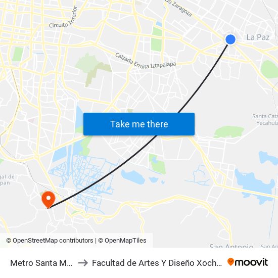 Metro Santa Marta to Facultad de Artes Y Diseño Xochimilco map
