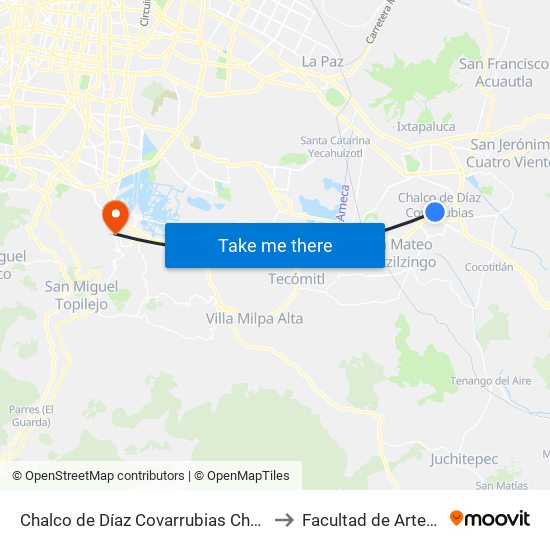 Chalco de Díaz Covarrubias Chalco Estado de México 56625 México to Facultad de Artes Y Diseño Xochimilco map