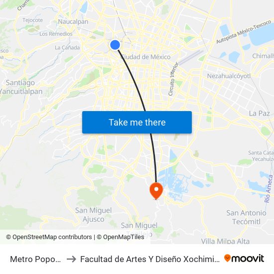 Metro Popotla to Facultad de Artes Y Diseño Xochimilco map