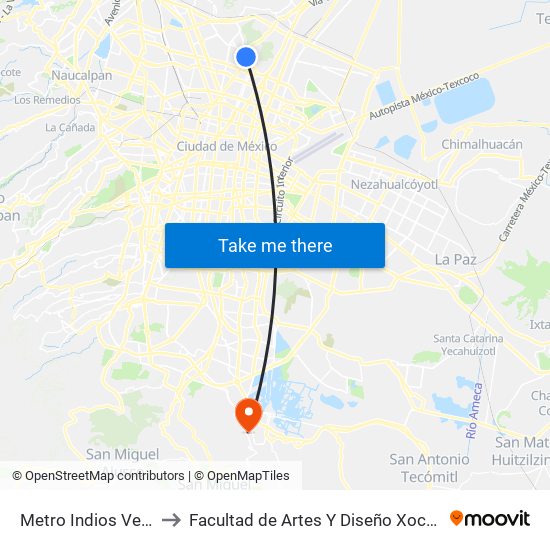 Metro Indios Verdes to Facultad de Artes Y Diseño Xochimilco map