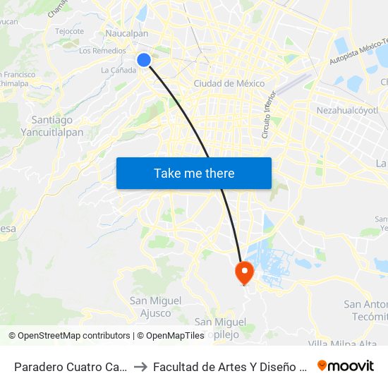 Paradero Cuatro Caminos 4 to Facultad de Artes Y Diseño Xochimilco map