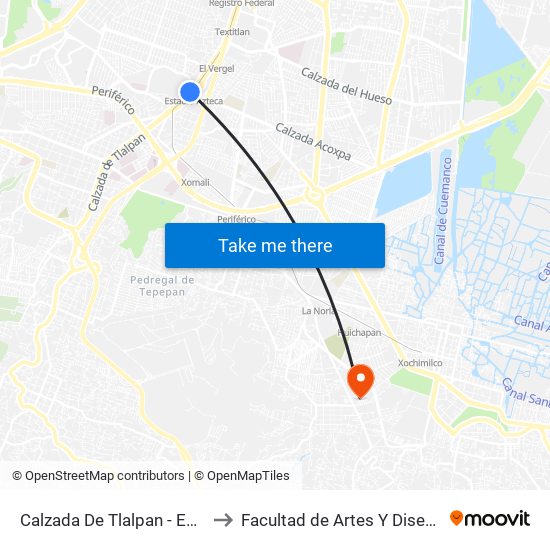 Calzada De Tlalpan - Estadio Azteca to Facultad de Artes Y Diseño Xochimilco map