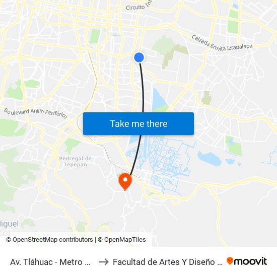 Av. Tláhuac - Metro Culhuacán to Facultad de Artes Y Diseño Xochimilco map