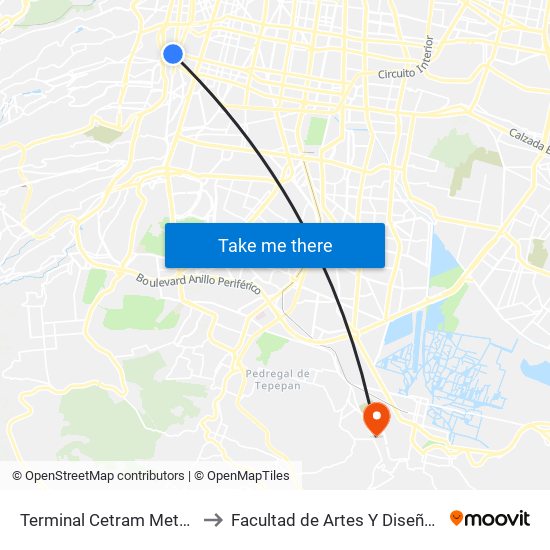 Terminal Cetram Metro Mixcoac to Facultad de Artes Y Diseño Xochimilco map