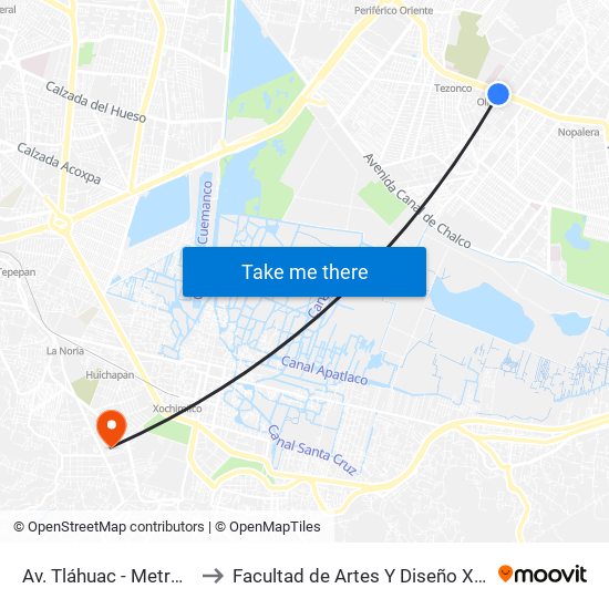 Av. Tláhuac - Metro Olivos to Facultad de Artes Y Diseño Xochimilco map