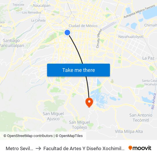 Metro Sevilla to Facultad de Artes Y Diseño Xochimilco map