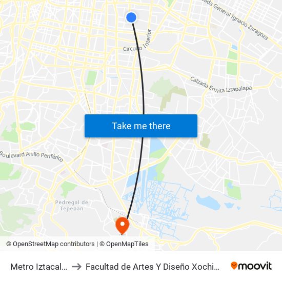 Metro Iztacalco to Facultad de Artes Y Diseño Xochimilco map