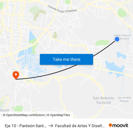 Eje 10 - Panteón Santa Catarina to Facultad de Artes Y Diseño Xochimilco map