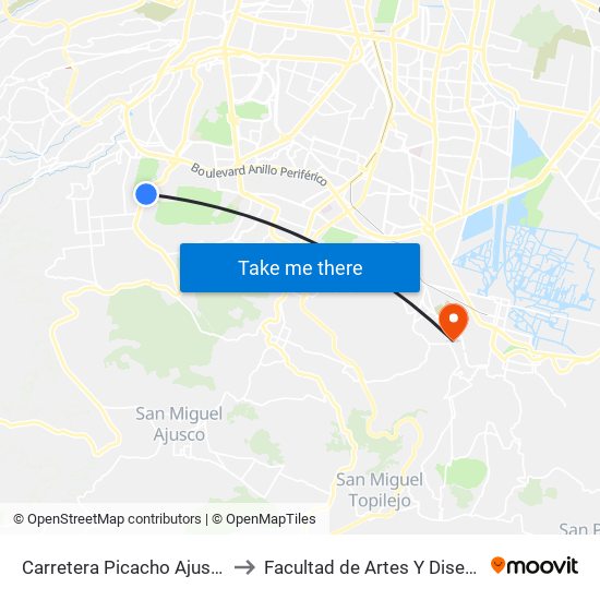 Carretera Picacho Ajusco - Six Flags to Facultad de Artes Y Diseño Xochimilco map