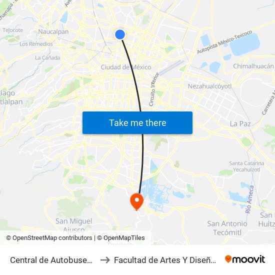 Central de Autobuses del Norte to Facultad de Artes Y Diseño Xochimilco map