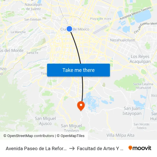 Avenida Paseo de La Reforma - Metro Hidalgo_1 to Facultad de Artes Y Diseño Xochimilco map