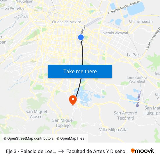 Eje 3 - Palacio de Los Deportes to Facultad de Artes Y Diseño Xochimilco map