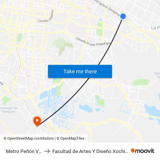 Metro Peñón Viejo to Facultad de Artes Y Diseño Xochimilco map