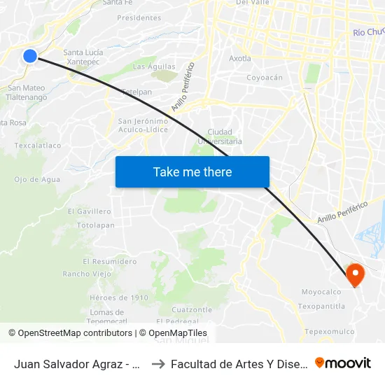 Juan Salvador Agraz - Office Depot_1 to Facultad de Artes Y Diseño Xochimilco map