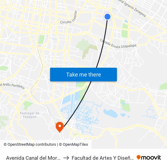 Avenida Canal del Moral Mz3 Lt62 to Facultad de Artes Y Diseño Xochimilco map